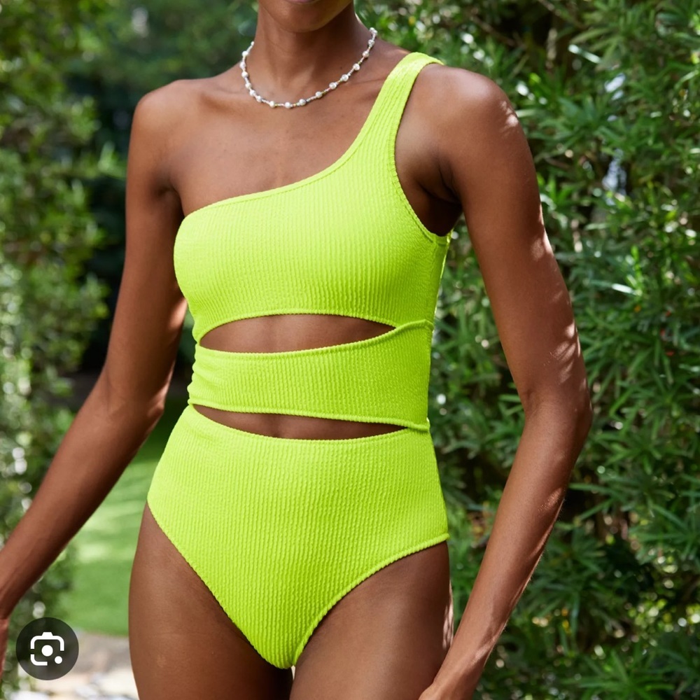 Aerie Crinkle Cut Out Neon Green One Shoulder One Piece Swimsuit Size XS